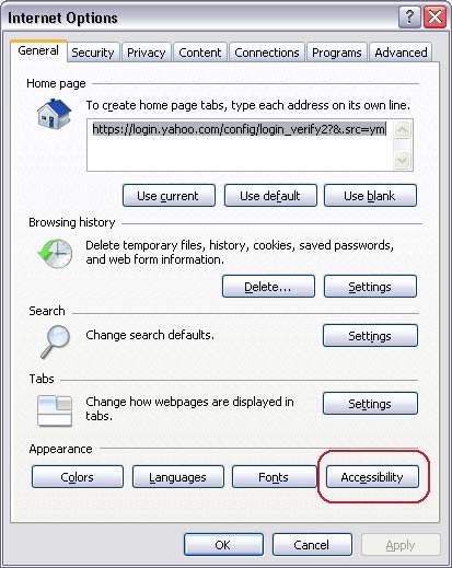Accessibility options in Internet Explorer